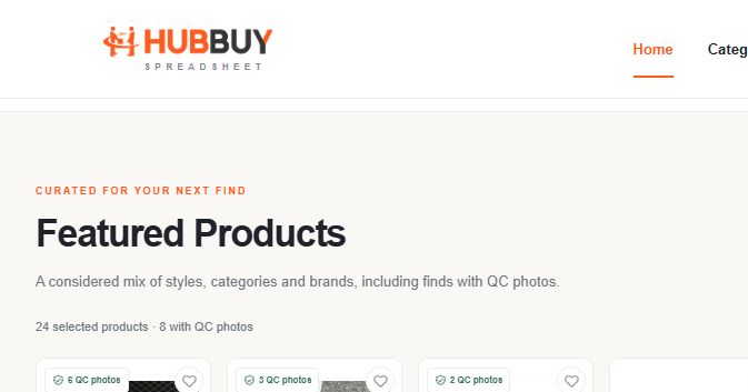 Four featured product cards showing a QC badge, save heart, reference price and View find link