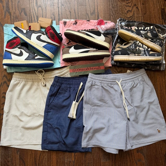 Travis Scott and Union sneakers with Ralph Lauren seersucker and corduroy shorts — photo 1